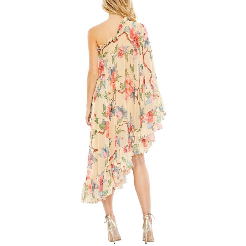Mac Duggal Cream One-Shoulder Floral Ruffled Long Sleeve Dress - Picture 2 of 4